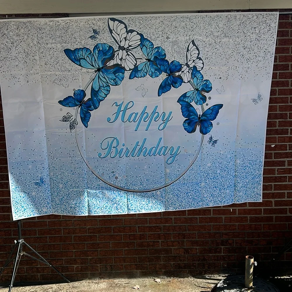 Blue butterflies happy birthday backdrop, blue and light blue, 7 ft. X5 ft.